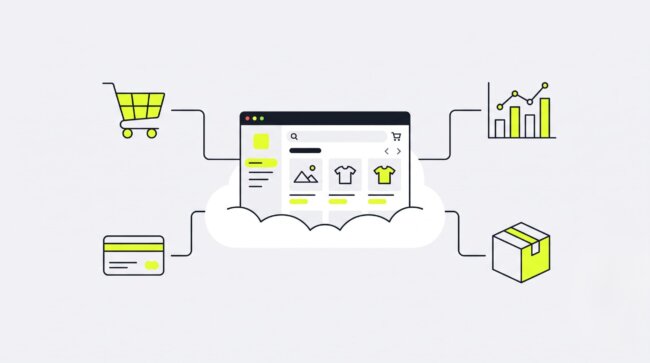 Cloud ecommerce platform connecting storefront, payments, and analytics — illustration