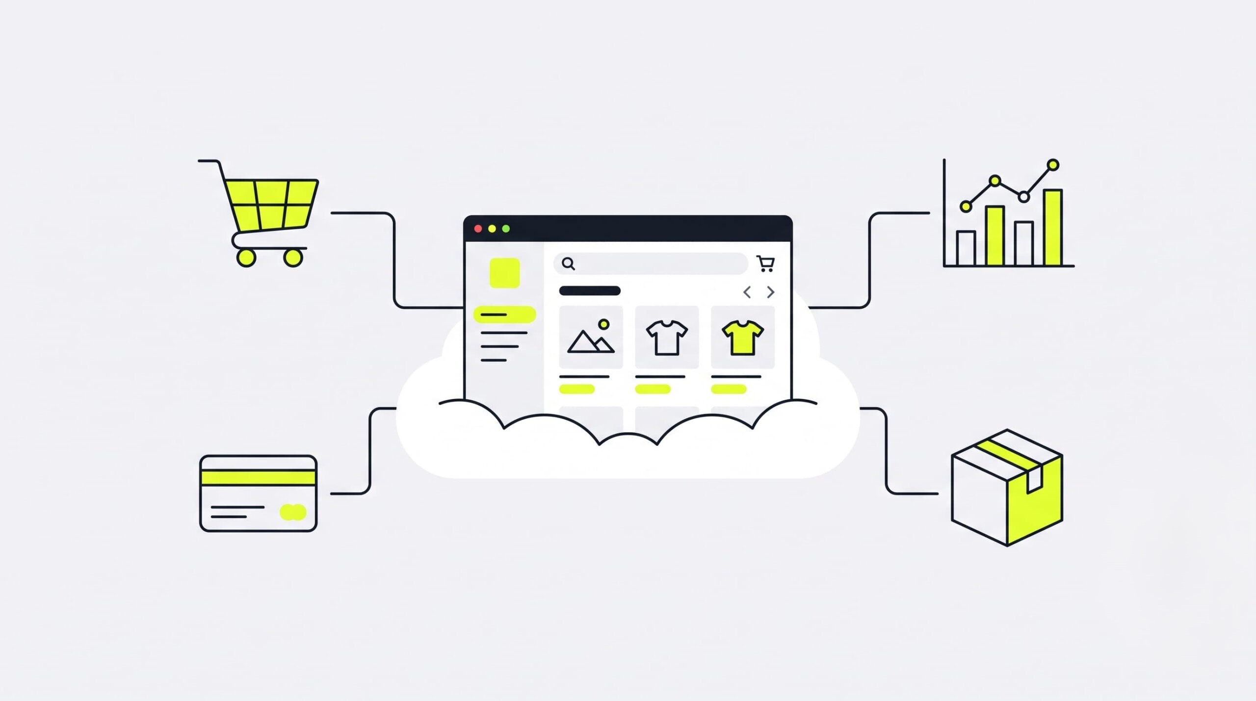 Cloud ecommerce platform connecting storefront, payments, and analytics — illustration