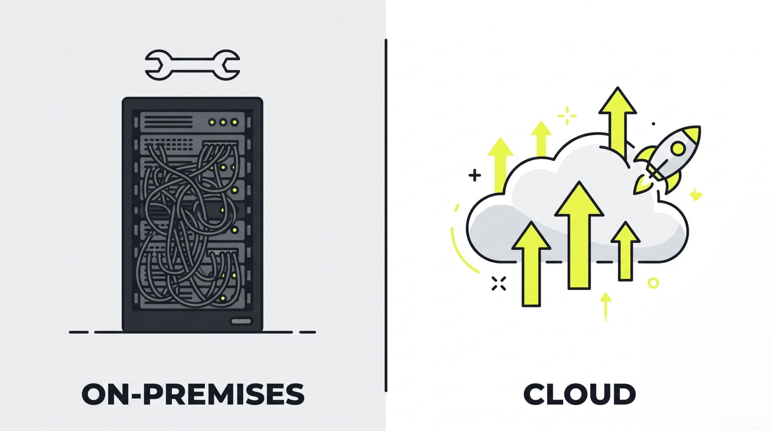 Cloud vs on-premises ecommerce comparison — server rack versus cloud infrastructure