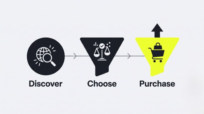 WooCommerce conversion rate optimization funnel showing discover, choose and purchase stages