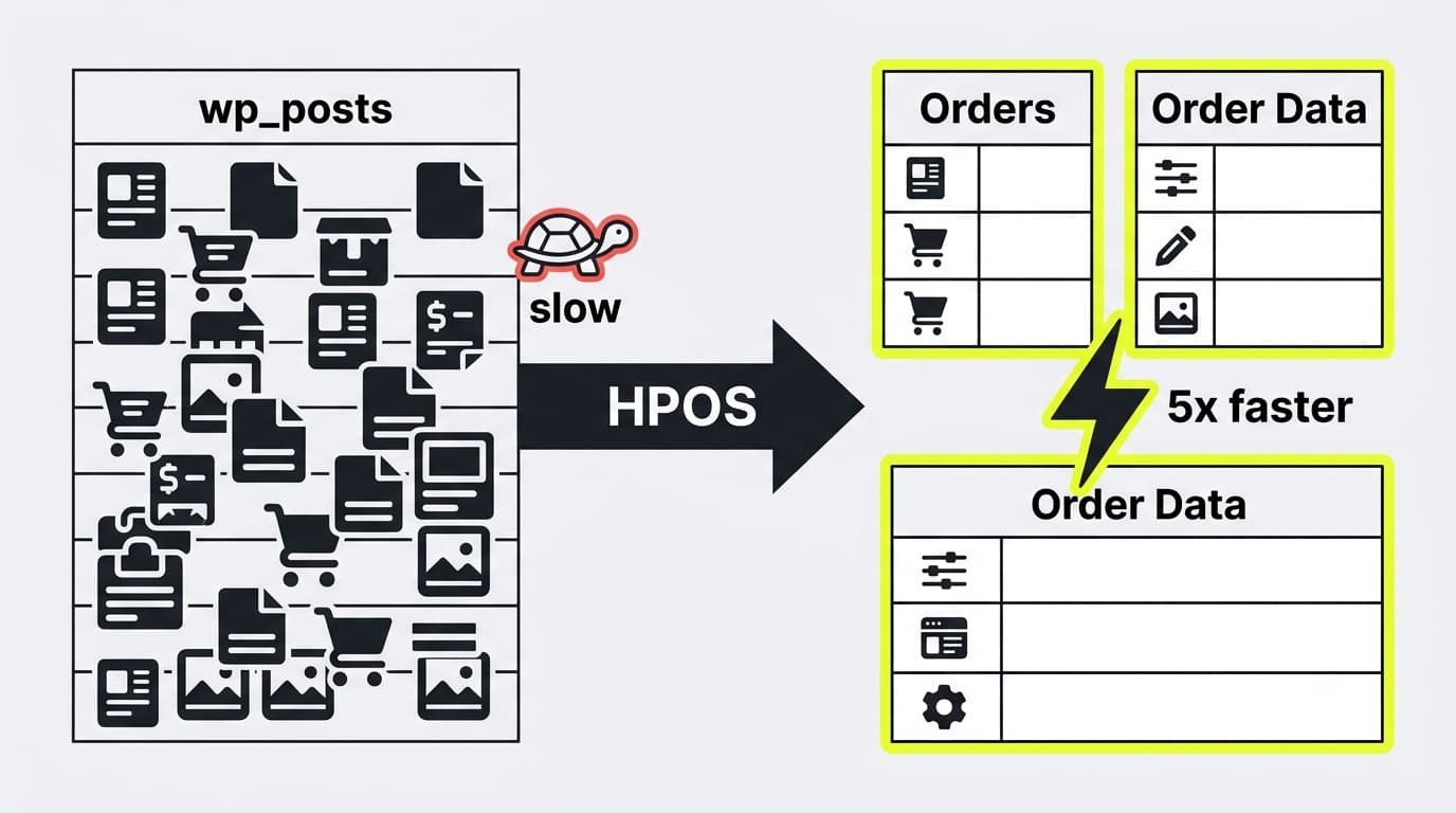 HPOS diagram comparing legacy wp_posts storage with dedicated WooCommerce order tables