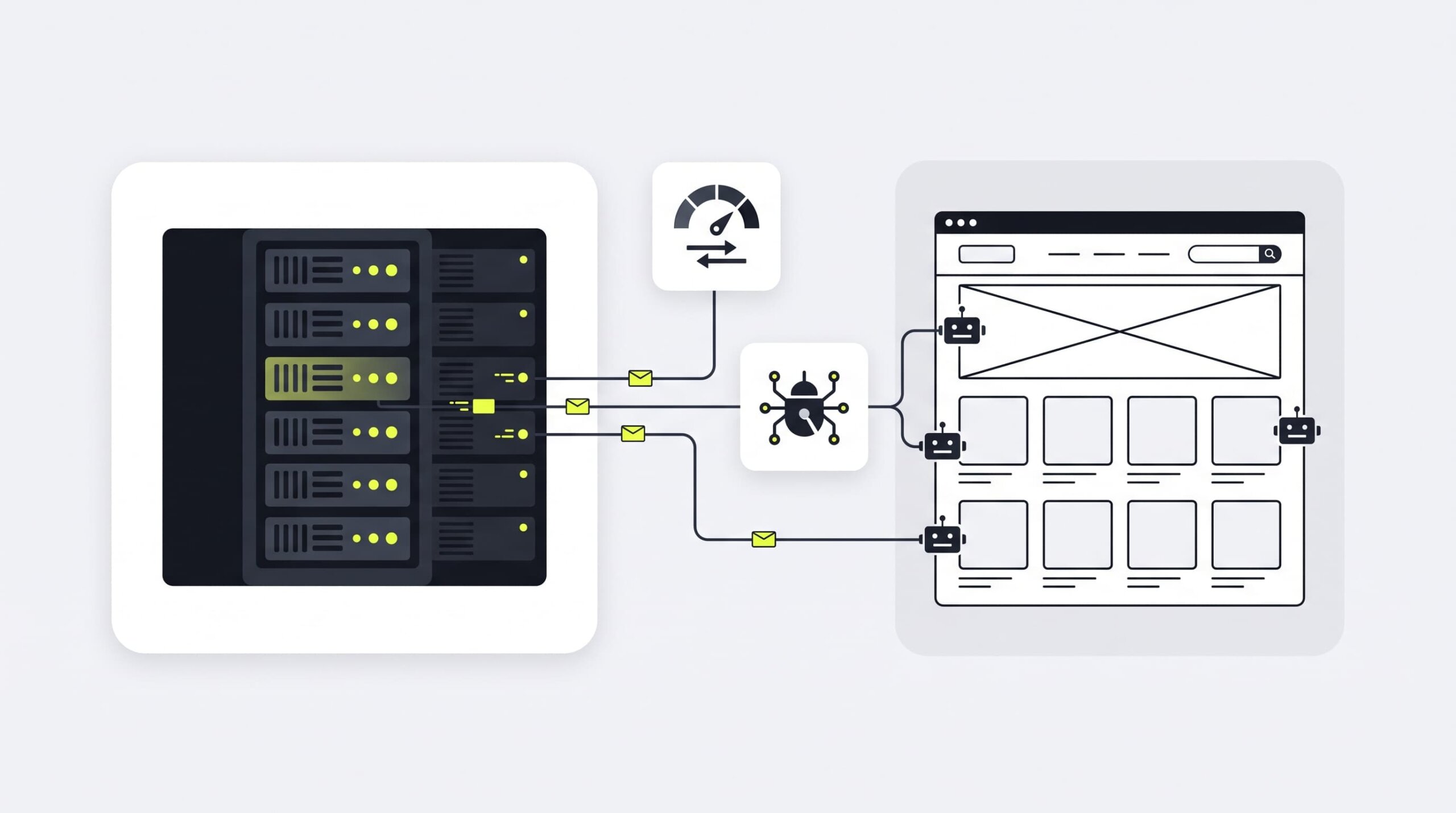Diagram showing Google Data Center in Council Bluffs sending automated requests to Shopify storefronts