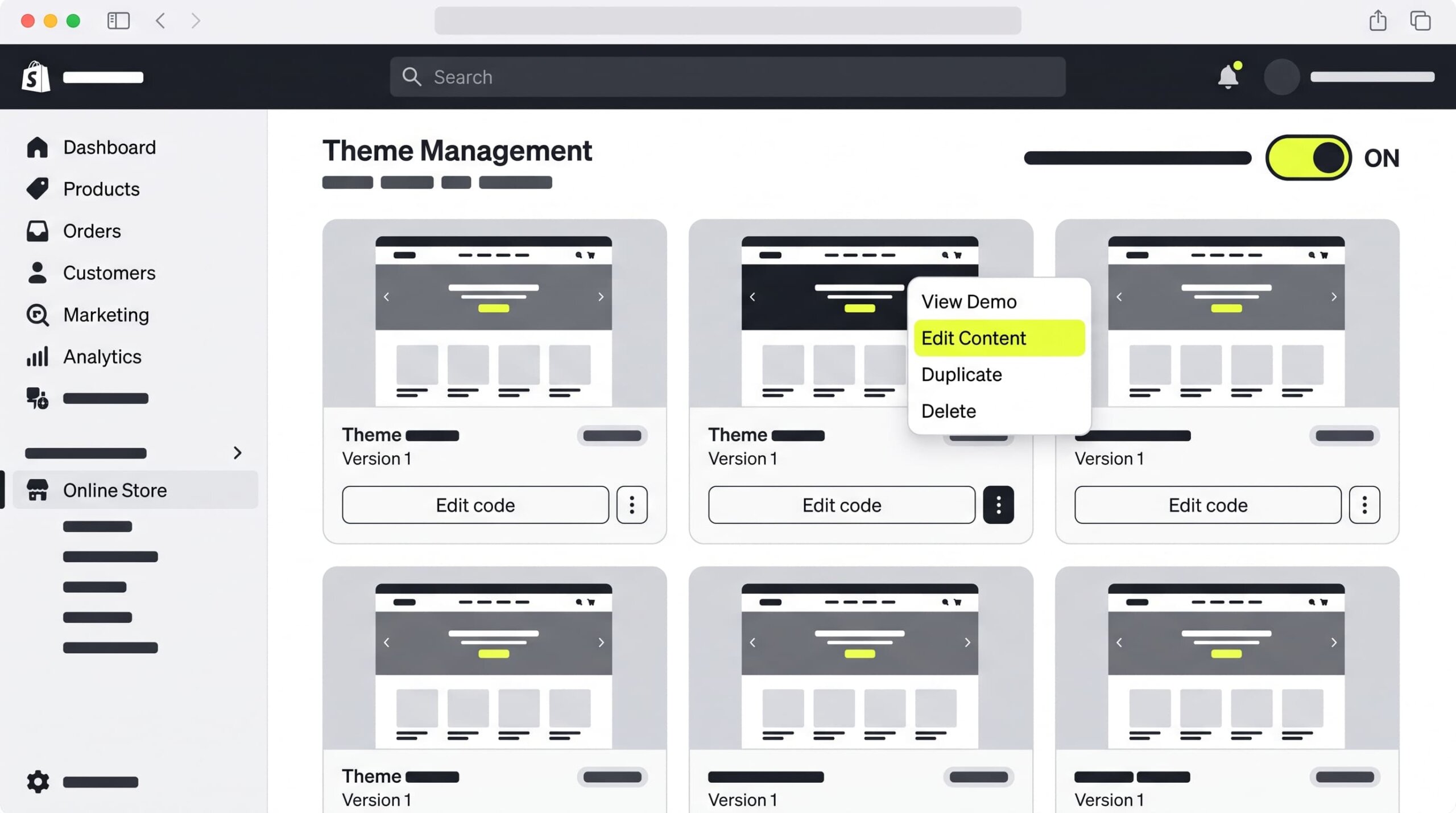 Shopify admin dashboard navigating to Online Store Themes and selecting Edit code from action menu