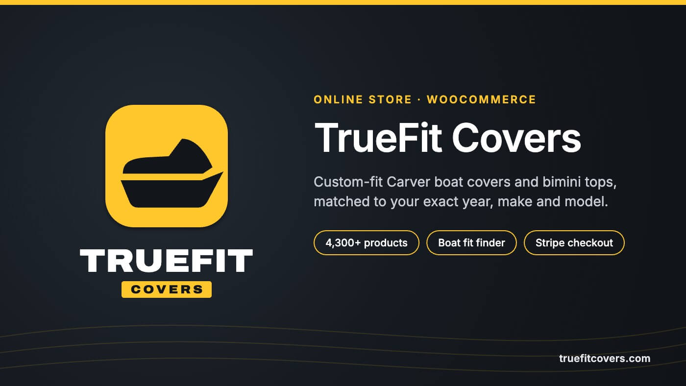 TrueFit Covers logo with case study summary: custom-fit Carver boat covers online store